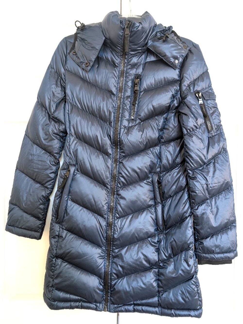 Andrew Marc Down Puffer Coat Womens Small Blue 650 Fill Packable Removable Hood